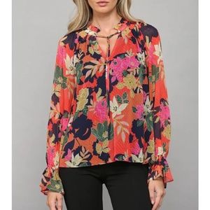 Floral Print Ruffle Neck Blouse